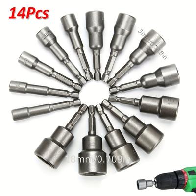 14-tlg. Steckschlüssel-Bit-Set, Sechskant, magnetisch, metrisch, Schlagbohrmaschine, 6 bis 19 mm, 1/4 Zoll