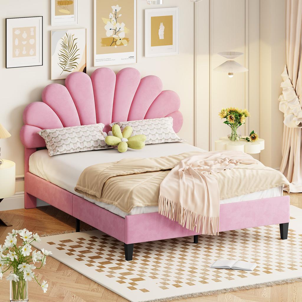 Letto Matrimoniale Imbottito 140 x 200 cm, Struttura con Testiera a Forma di Fiore e Rete a Doghe, per Adulti-Ragazzi in Tessuto di Velluto Amico della Pelle, Letto per Ospiti Rosa