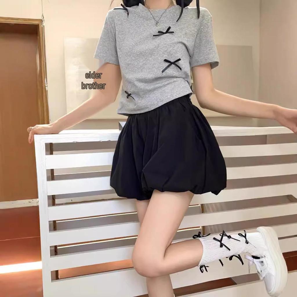 Women's Black High-Waist Wide Leg Korean Style Puff Shorts, Autumn 2024