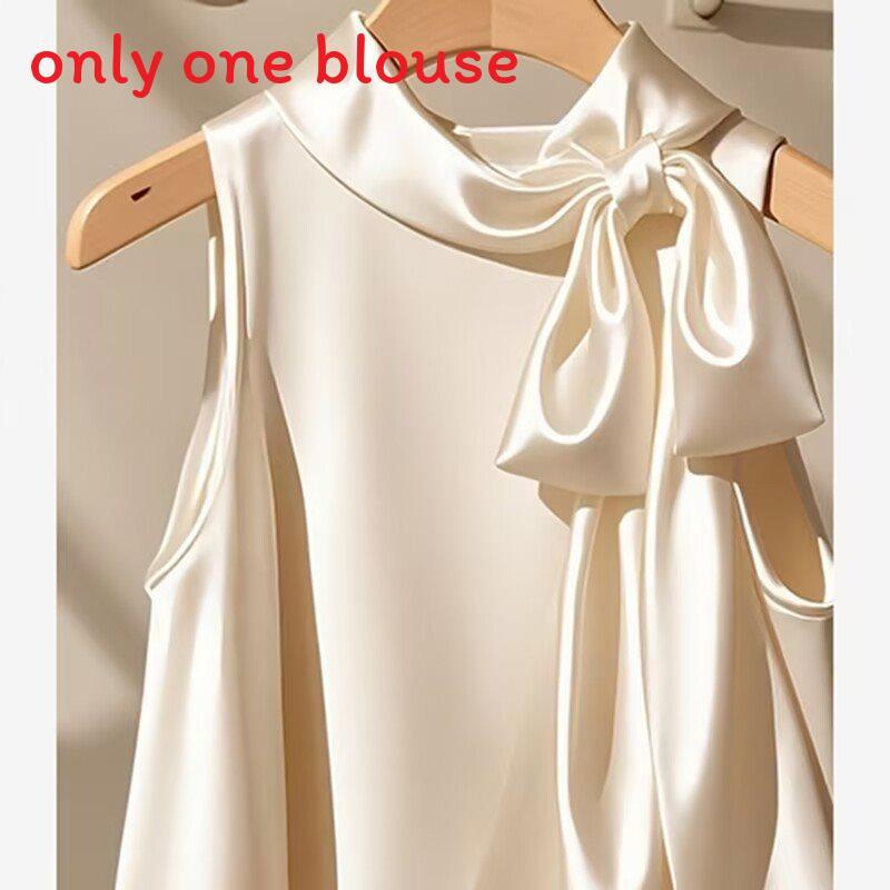 Französische Champagnerfarbene ärmellose Satinbluse mit Schleife für den sommerlichen Freizeitlook