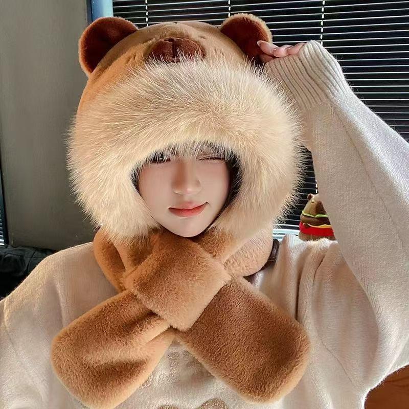 Super cute capybara hat scarf gloves integrated hooded scarf warm cute plush two-in-one hat