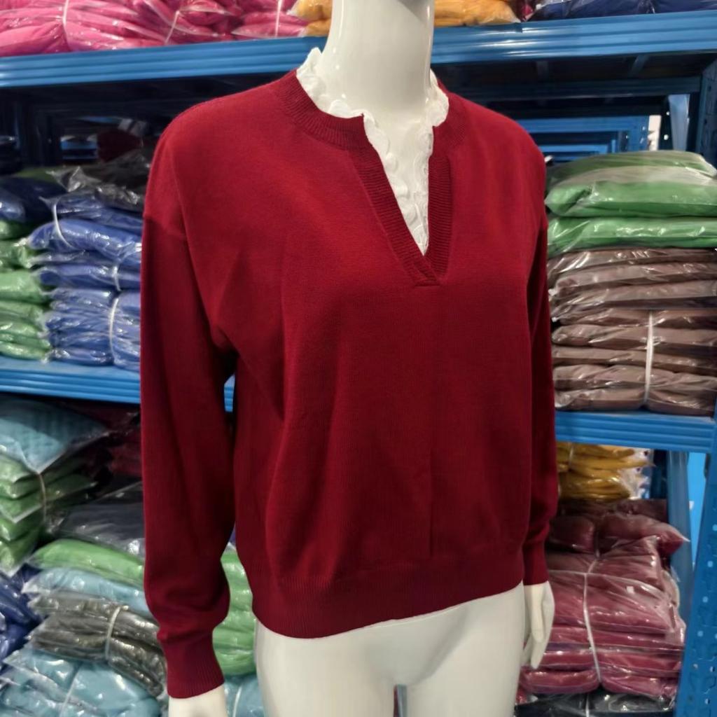 Lace Lace, V-neck, Sweater, Solid Color, Loose Fit, Long Sleeved, Women's, Knitted Sweater, Warm, Casual Shirt