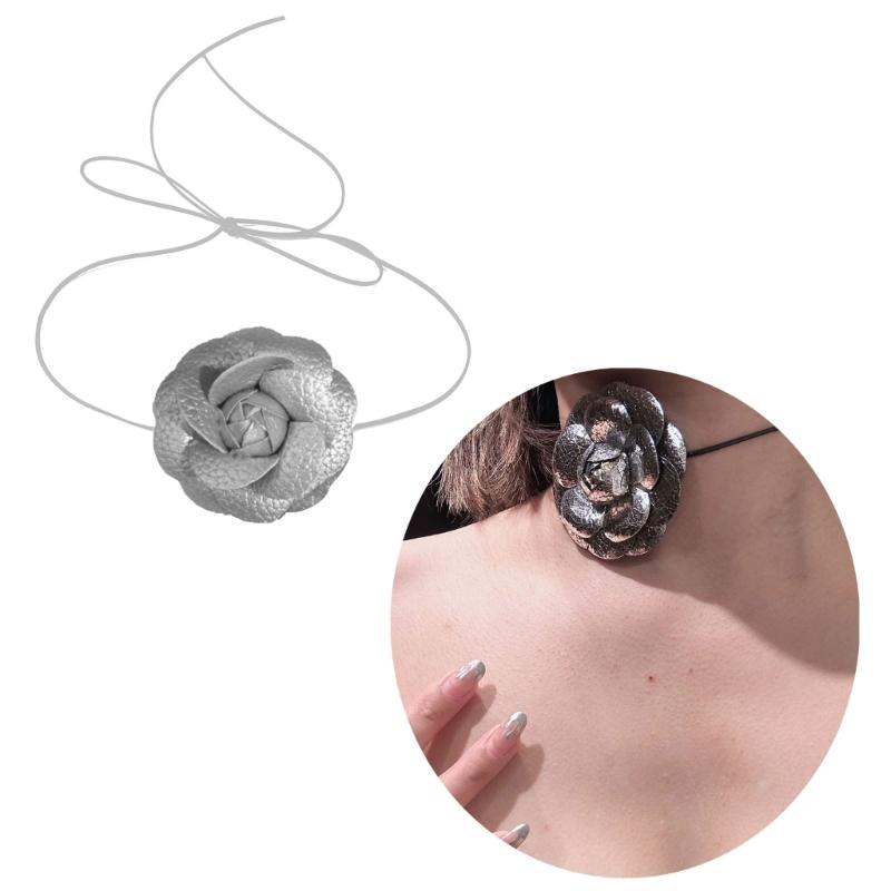 Vintage Flüssigmetall Blume Choker Halskette Langer Spitzenkragen Choker Temperament Halsband Schmuck Schlüsselbeinkette Halskette