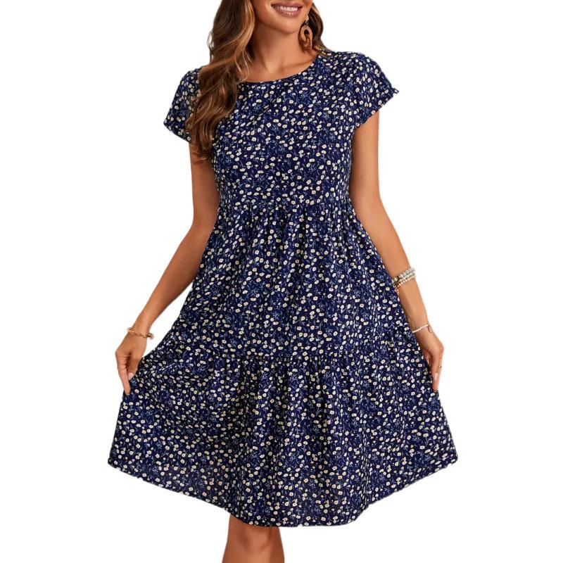 Women's Spring&Summer Printed Round Neck Short Sleeve Dresses