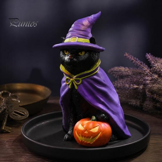 Black Cat Theme Party Supplies Halloween Witch On Pumpkin Resin Statue, Mysterious Gothic Tabletop Creative Sculpture for Holiday Figurine,