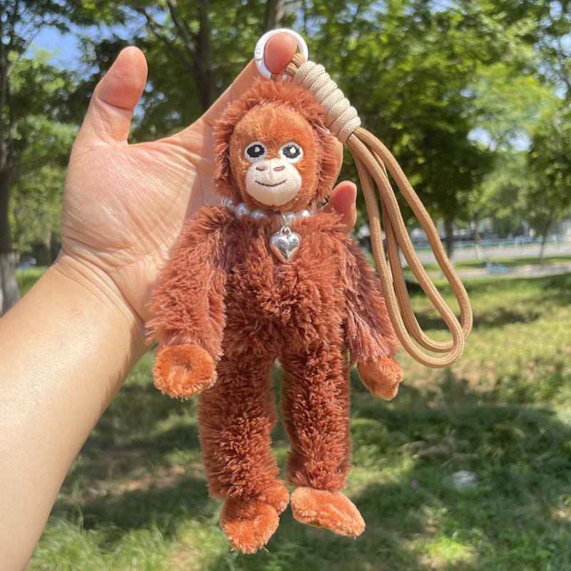 Red Gorilla Plush Doll Kawaii Animation Wear Necklace Monkey Keychain Bag Pendant Plush Fluffy Orangutans Car Key Ring Party Present