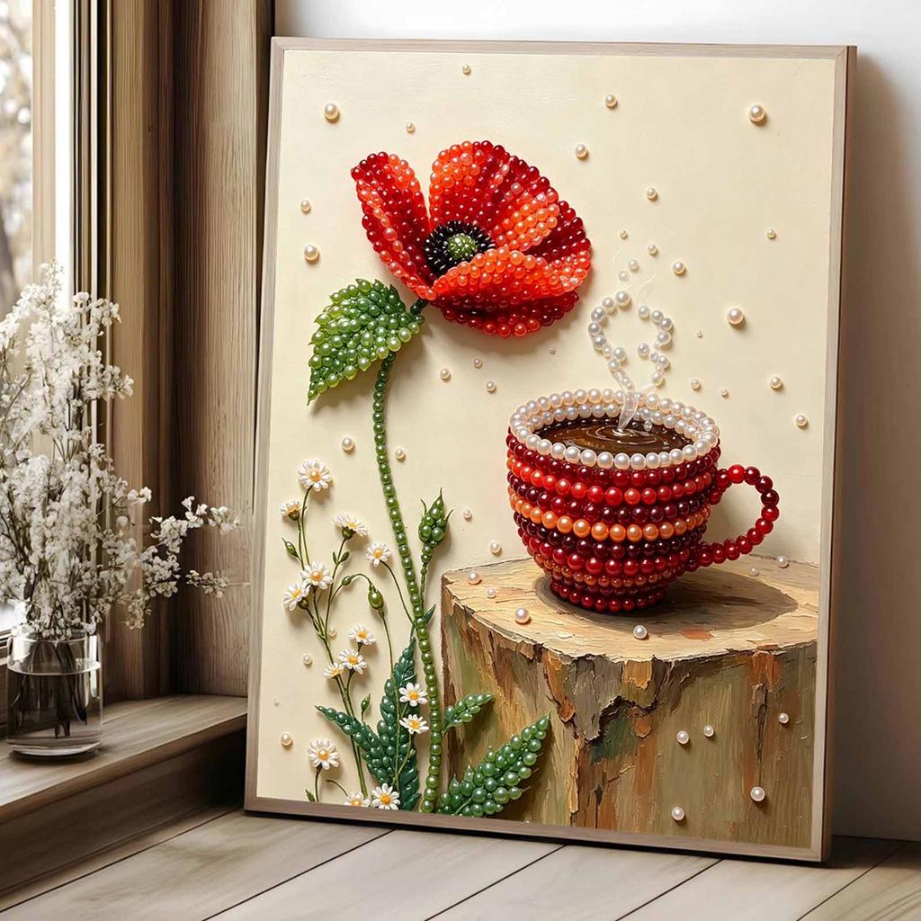 Elegant Framed Pearl Art DIY Set with Poppy Coffee Cup 5D Sparkling Bead Canvas Painting Ready to Display Romantic Home Decor Art Gift
