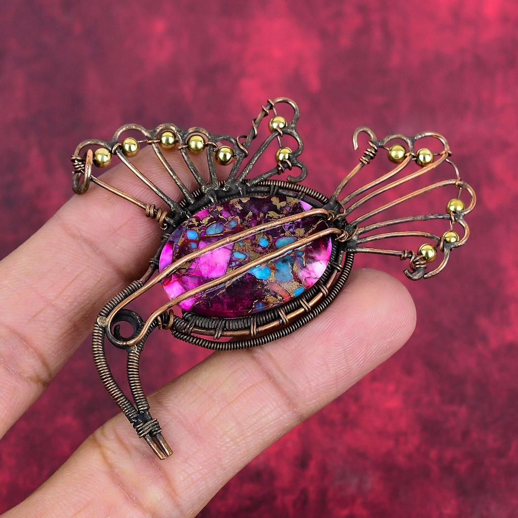 Natural Kingman Pink Dahlia Turquoise Pendant Copper Wire Wrapped Bird Pendant Gemstone Jewelry Gift for Him Copper Jewelry Handmade Pendant
