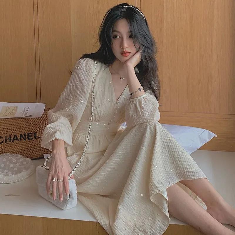 

Винтажное французское платье миди с пышными рукавами для женщин, праздничное корейское платье с пайетками, элегантная сказочная свадебная женская одежда, осень 2024 XL абрикосовый