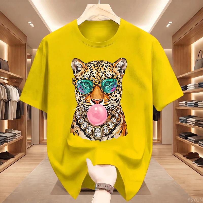 Trendy Leopard Unisex T Shirt Bubblegum Sunglasses Big Cat Graphic T Shirts Retro Animal Printed Tshirt Cotton Short Sleeve Tops