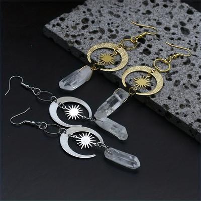 Fashionable Moon And Sun Design Dangle Earrings With Artificial Quartz Pendant Alloy Jewelry Luxury Elegant Style Delicate Female Gift