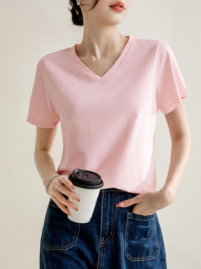 Solid Color Right Shoulder V-neck Cotton T-shirt for Women 2024 Spring and Summer New Style Loose and Slim Inner Pullover Short-sleeved Top