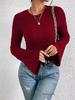Burgundy Bell Sleeve Round Neck T-shirt - Autumn/Winter Versatile Top