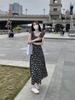 Spring/Summer 2024 Retro Black Floral Dress: Slim Fit, Medium-Long Length with Ruffled Skirt
