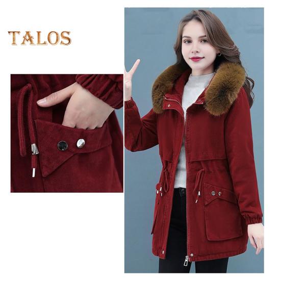 Winter Women Cotton Jacket with Furry Hood with Double Pockets Drawstring Waist Mid Length Zipper Closure Coat Solid Color Windproof Outwear Parka