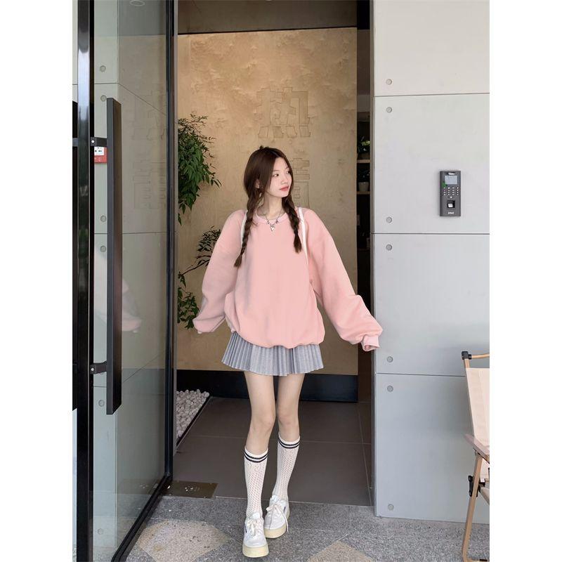 

Kumikumi Idle Style round Neck Long Sleeves Pullover Sweaters Women s Clothing Autumn Slimming Pleated Skirt Skirt Two-piece Set Gray skirt M