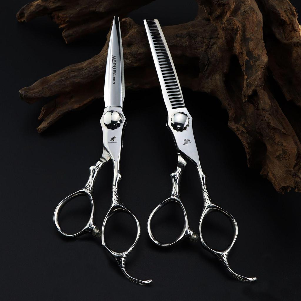 6.0" Napson Silver Snake Handle Hairdressing Scissors Set: Straight, Serrated, Thinning Shears for Salon Use.