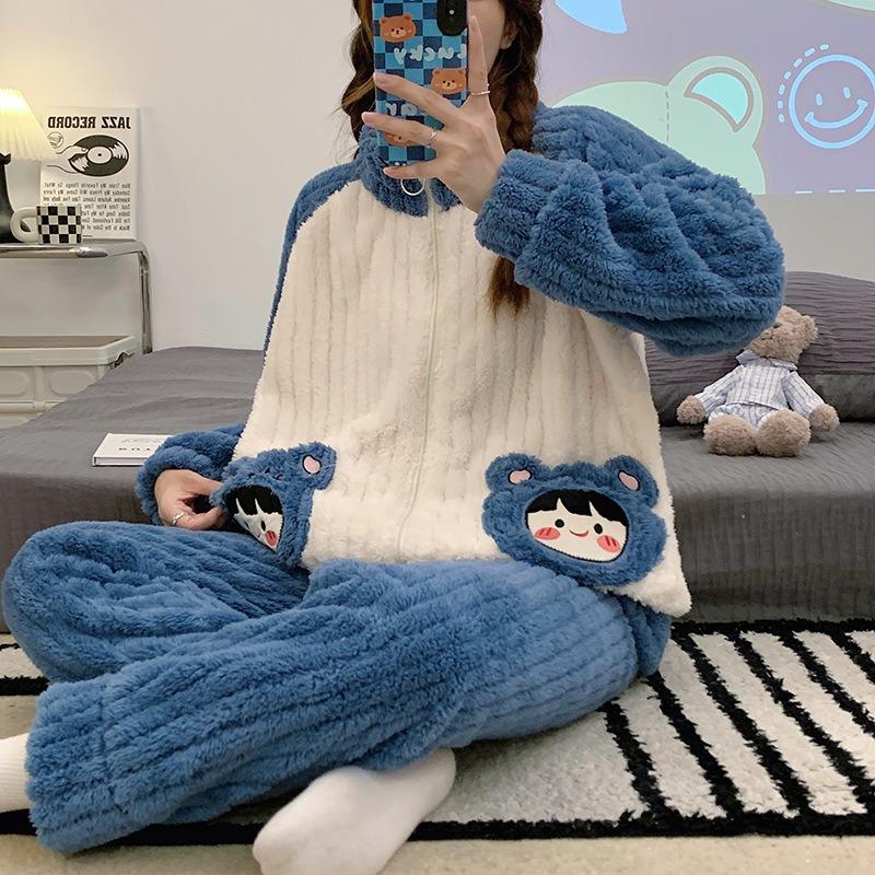 Nightgown Female Autumn and Winter Coral Velvet Thickened with Velvet Comfortable Loose Outside Wearing Long Pants Winter Warm Long Sleeve Long Suit