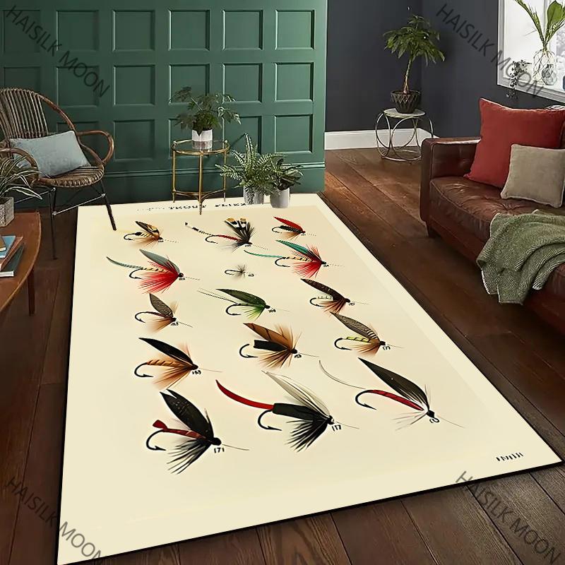 3D Fish Bait Pattern Carpet Bedroom Floor Living Room Bed Office Mat, Non-slip Exquisite Home Decor Durable Machine Washable Rug