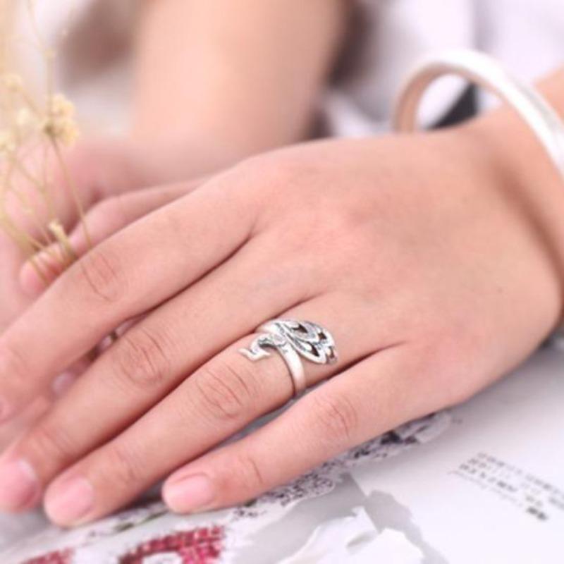 Vintage Silver Pleated Engraved Peacock Women Open Ring Finger Jewelry Gift