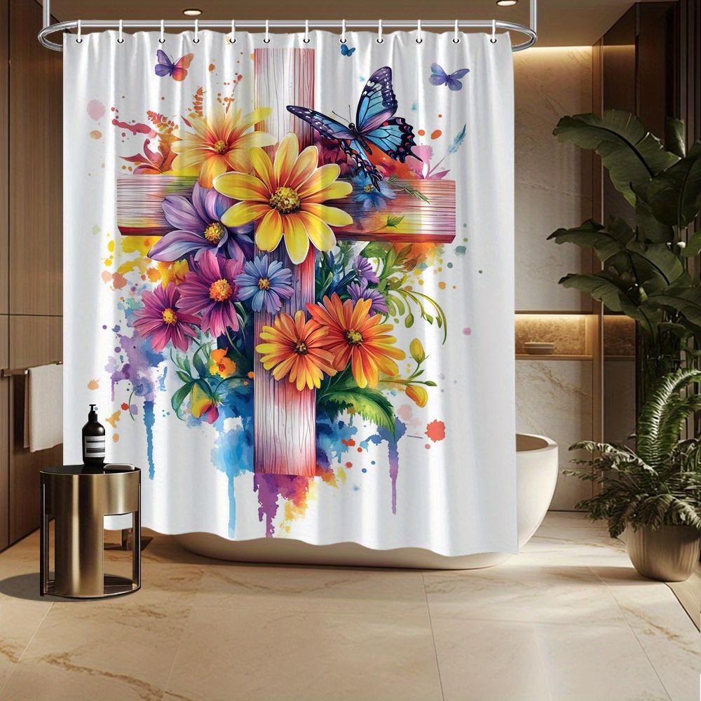 

Vibrant Floral & Butterfly Cross Shower Curtain, Spiritual Theme, Fade-Resistant Polyester, Durable Bath Decor W60H190(CM)-1 Pcs