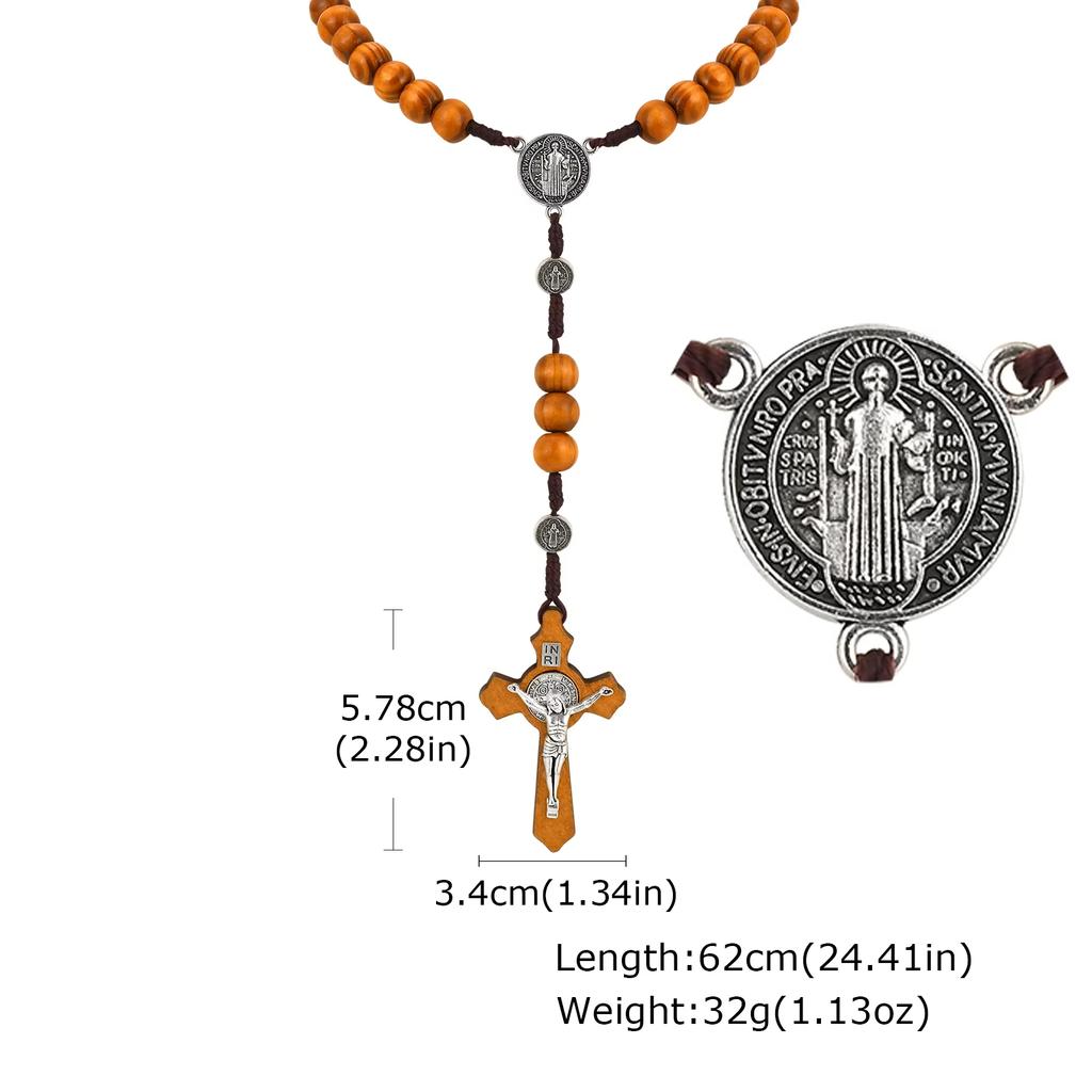 Vintage Klassischer Jesus Kreuz Anhänger Y-förmig Holz Gebetsperle Geflochtenes Seil Lange Halskette für Männer Trendiger Religiöser Schmuck Amulett