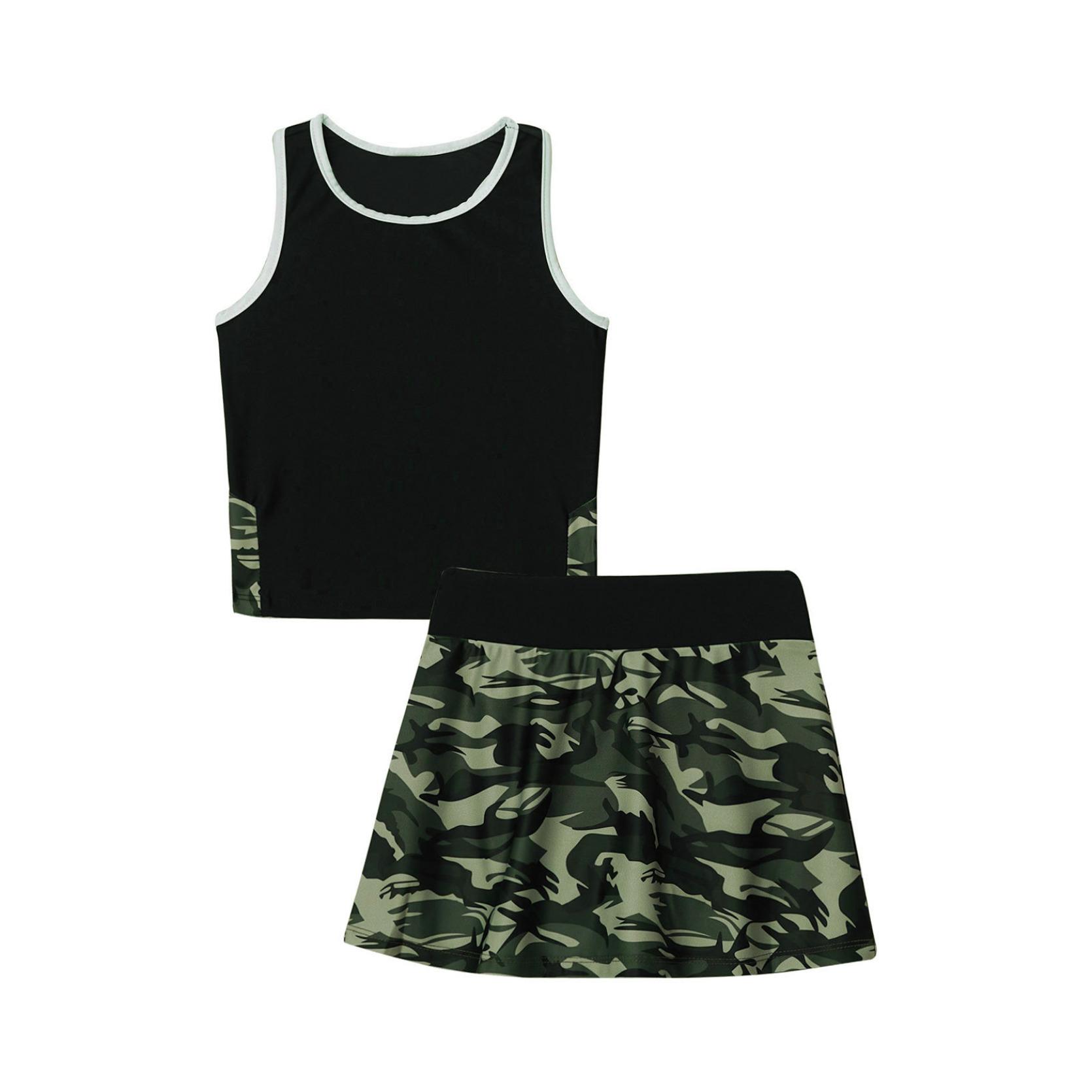 

Детский теннисный костюм без рукавов для девочек из 2 предметов, футболка с надписью Racer Back, топ и юбка с эластичной резинкой на талии со встроенными шортами, комплект для бега в тренажерном зале, теннис, гольф, спортивная одежда камуфляж зеленый