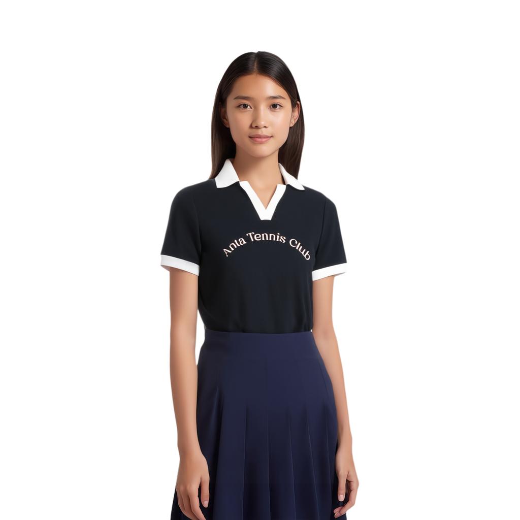 Anta Tennis Series Color Block Pullover Short Sleeve Polo Shirt Women Tops Black 162423107-2