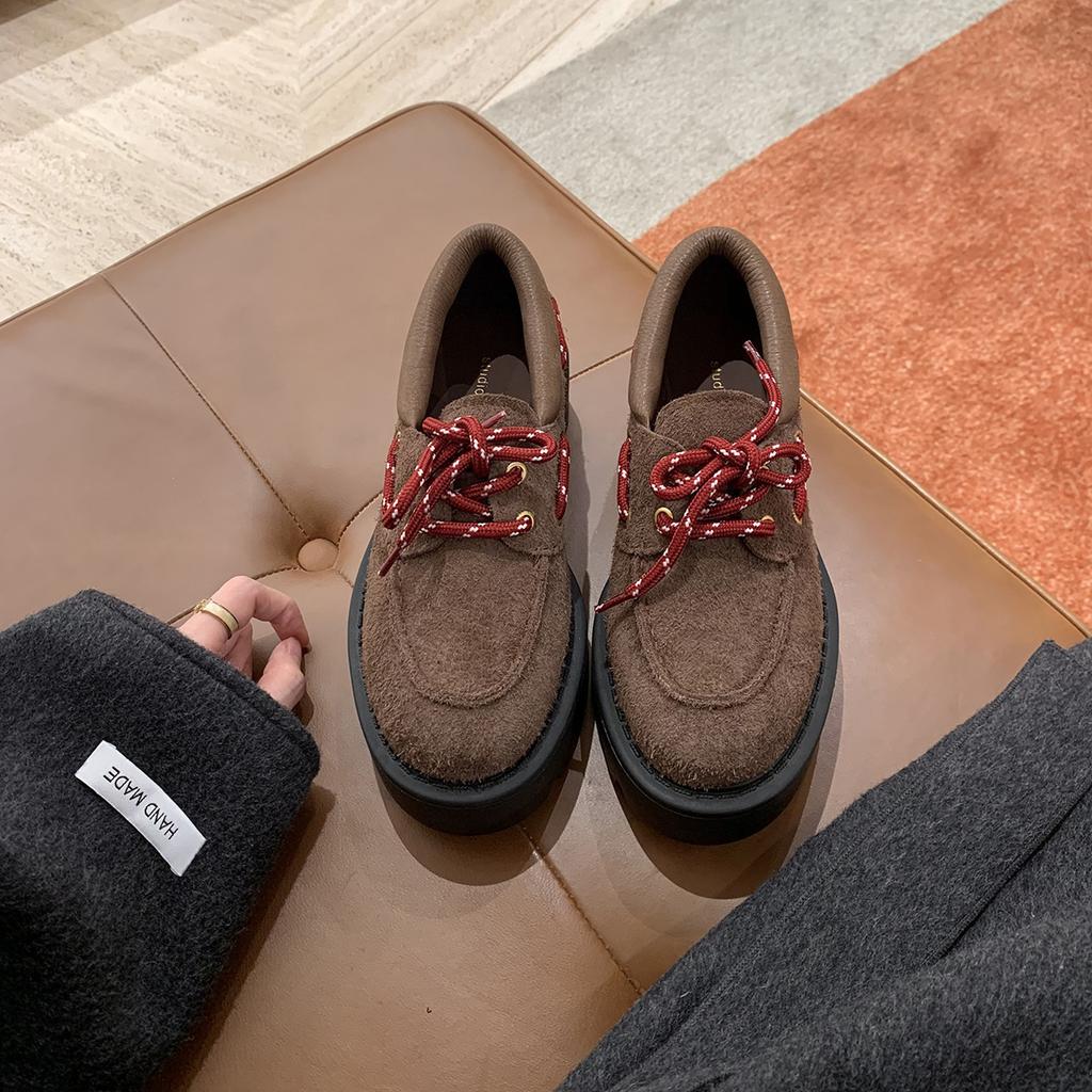 Cowhide~ Grape Mom Same Retro Lace-up Small Leather Shoes Women's Versatile Muffin Platform British College Style Loafers