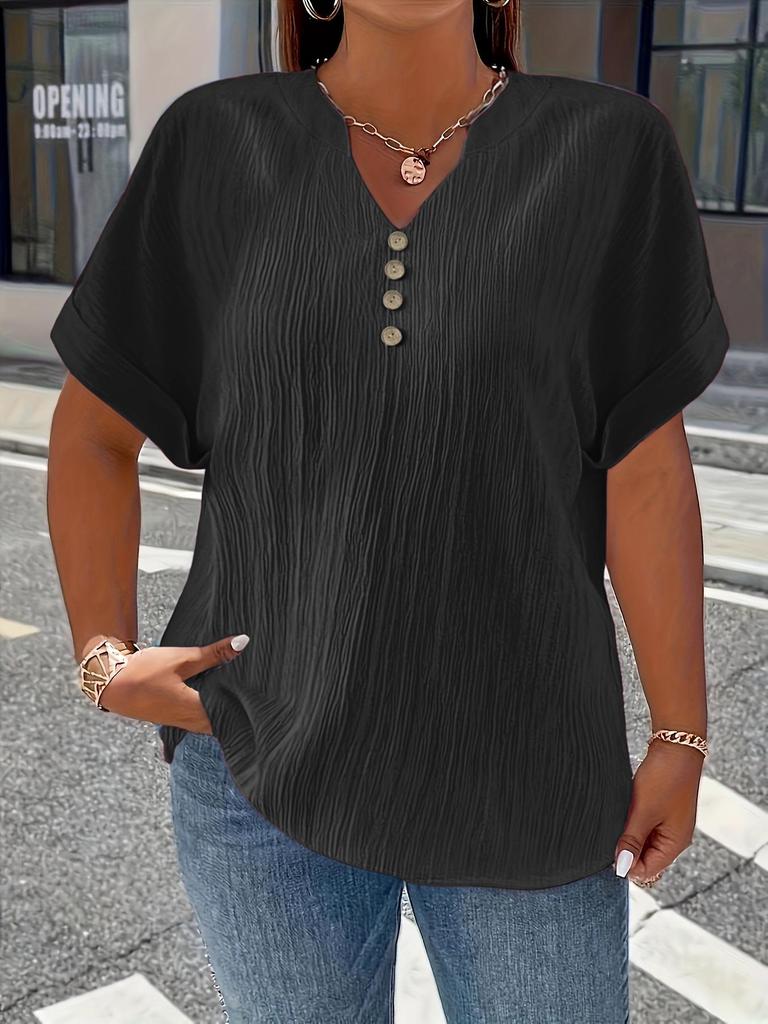 Plus Size Women's Solid V-Neck Buttoned Short Sleeve Top - Comfortable & Loose Fit, 2025 Collection.