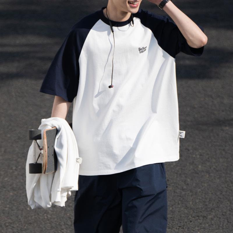 

Летняя мода Ретро Минималистичный Сплайсинг Контрастный цвет Круглый вырез Рукав реглан Короткий рукав Свободная Повседневная Оверсайз Мужская футболка L темно-синий