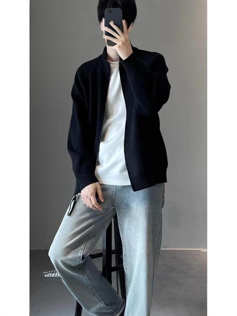 Men's Korean Style Double Zipper Stand Collar Knit Cardigan Jacket for Autumn and Winter Casual Wear