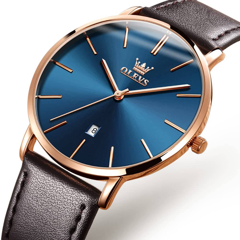 OLEVS Montre pour homme 40 mm Boîtier fin Affichage de la date Étanche 30 m Bracelet style cuir Business Casual Options multicolores Légère 35 g Montre de mode
