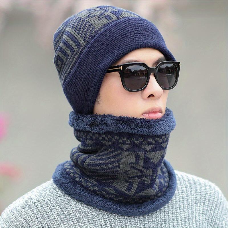 Men's Winter Beanie and Neck Warmer Set Polyester Knitted Hat with Plush Thicken Lining Cold-Resistant Outdoor Cycling Headwear