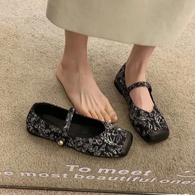 Fashion Ladies Footwear Printing Black Mary Jane With Heel Non Slip Vacation High Quality Fashion Lastest Shoe Y2k 39 Women's Flat Shoes