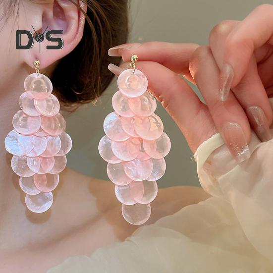 1 Pair Long Style Multi-Layer Drop Earrings Translucent Metal Needle Design Artificial Crystal Shell Tassel Earrings