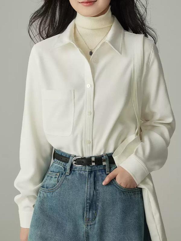 Milk White Brushed Long-Sleeve Women's Shirt – Professional Commuting & Interview Wear, Autumn/Winter Layering, Thickened Inner Wear