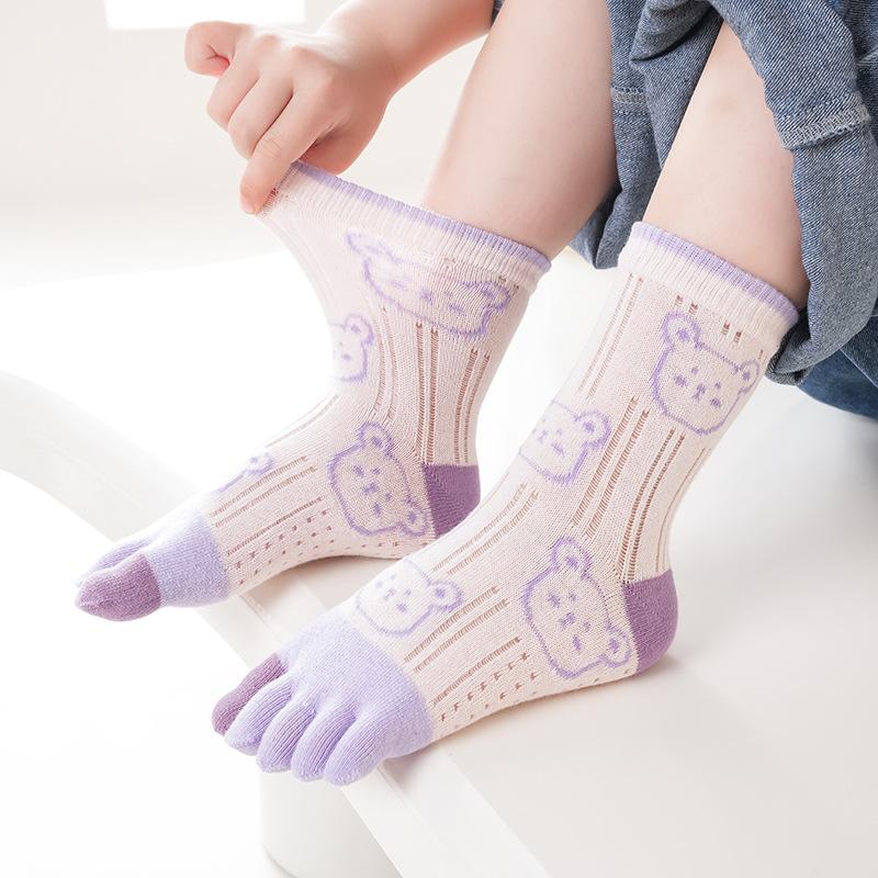 5 Pairs Kids Split Toe Mesh Socks Summer Thin Cute Cartoon Bear Head Five Fingers Glass Silk Cotton Socks for Baby Boys Girls