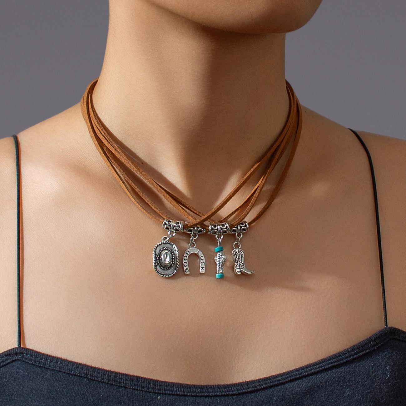 

Western style cowboy hat, boots, pendant, multiple layered velvet women s necklace