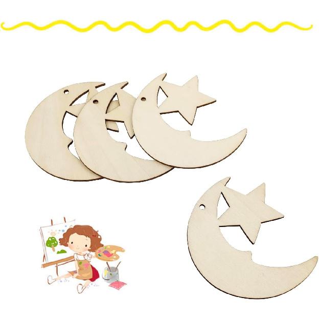 32 Pack Wooden Moon and Star Cutouts - Glitter Crescent Hanging Ornaments, Gift Tags for Home Party Decoration, Craft Project