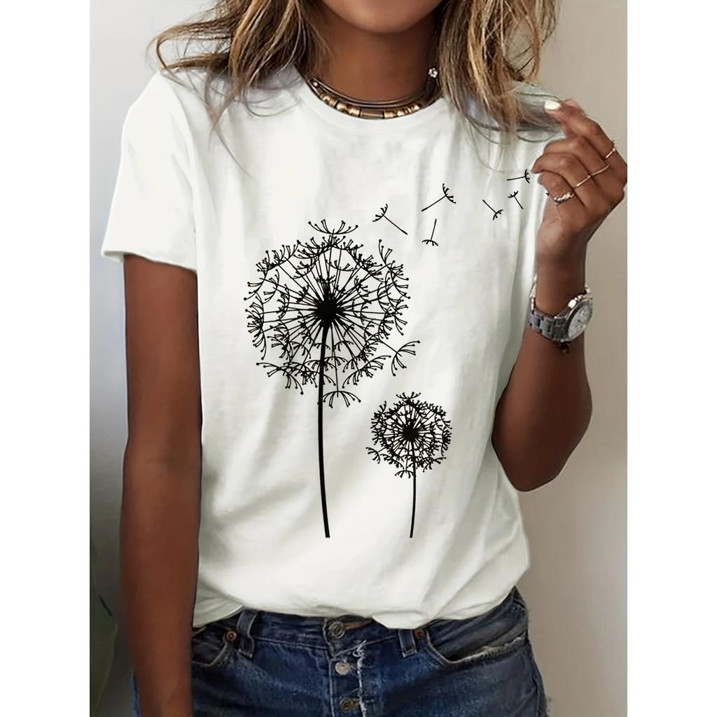 Dandelion Print Crew Neck T-Shirt, Casual Short Sleeve Top For Spring & Summer, Women's Clothing