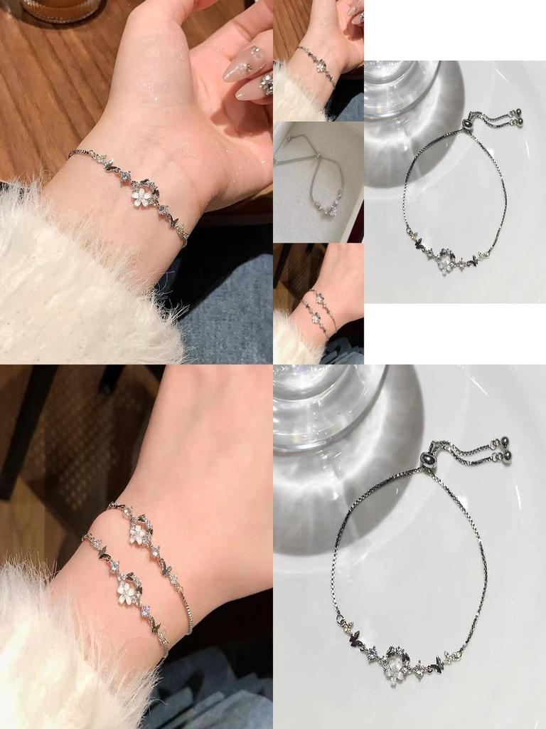 Trendy Silver Bracelet For Women With Beautiful Flower And Butterfly Decorations