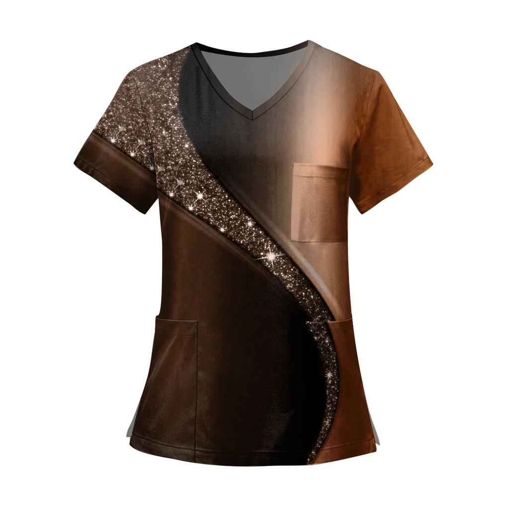 Women's Fashion Printed Short Sleeve V Neck Pattern Tops Pocket Working T-shirts