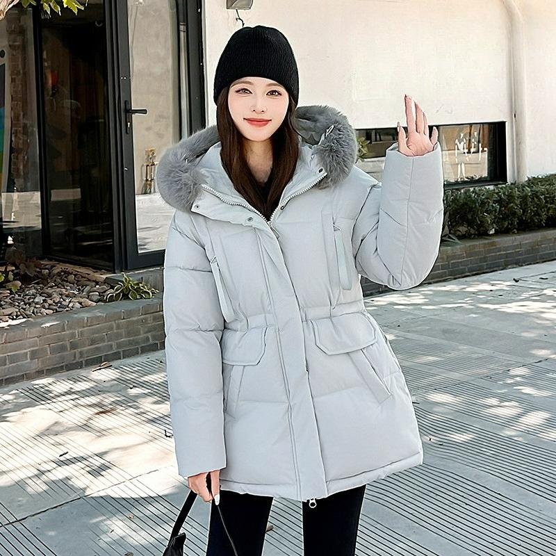 Cold-proof Down Cotton-padded Jacket Women's Winter Cotton-padded Jacket, Fur Collar, Thickened Black Waist, Western Style