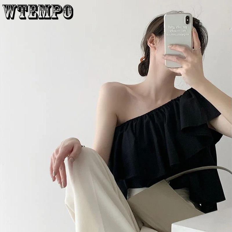 Sweet Off Shoulder Ruffled Top Women White Short T-shirt High Waist Navel Expose Sexy Desire Sleeveless Sloping Shoulder Summer