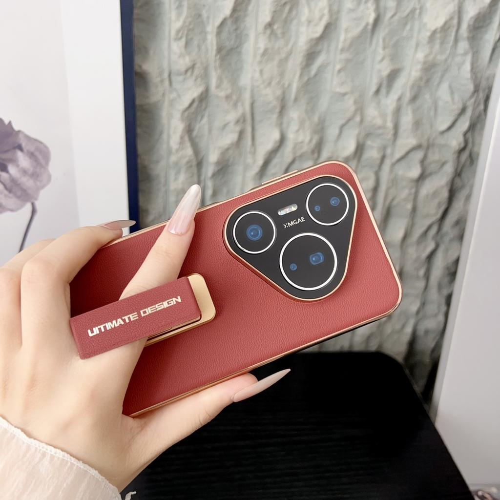 For Huawei Pura 80 70 Pro Plus Ultra Genuine Leather Case Camera Lens Protector Finger Grip Metal Bracket Electroplating Cover