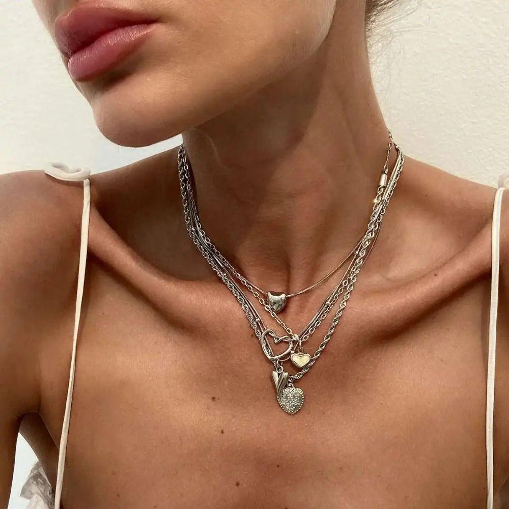 Irregular Love Heart Pendant Multilayer Metal Chain Choker Punk Women Necklace  Female