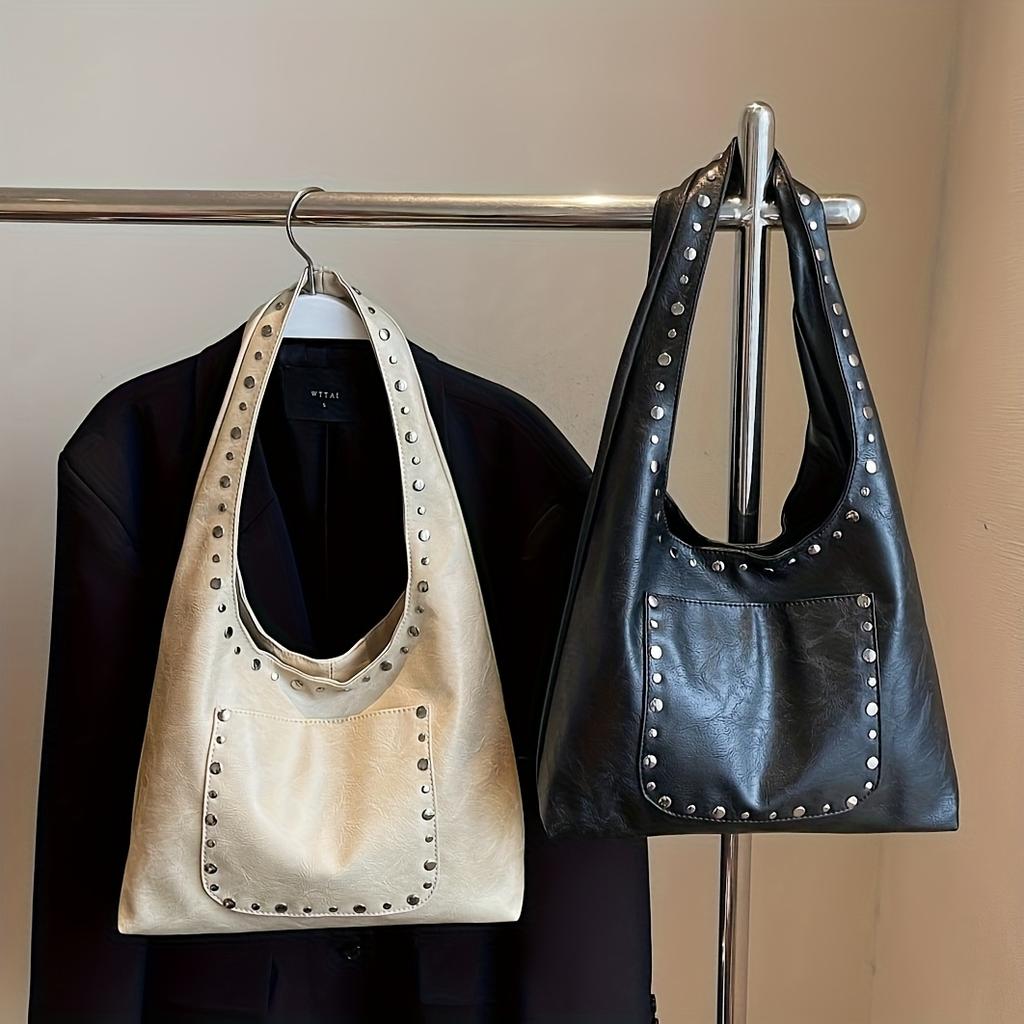 Women's Retro Rivet Crossbody Tote Bag - Large Capacity Shoulder Bag with Snap Closure Versatile Commuting Travel Shopping Bag, Crossbody Purse