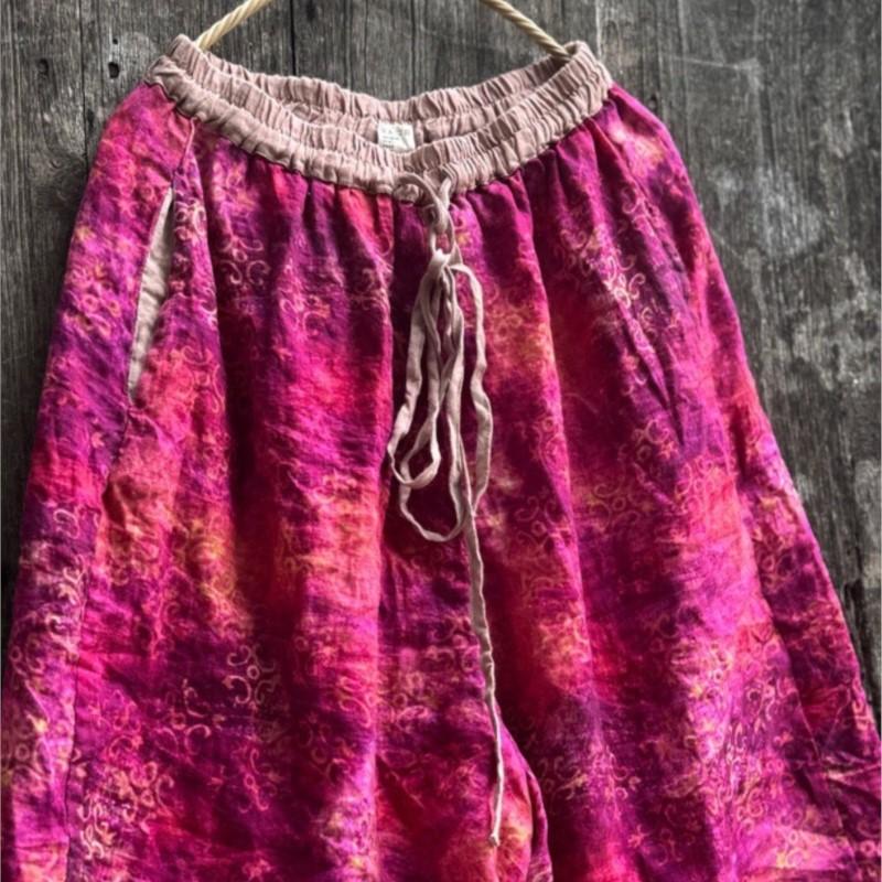 Johnature Women Vintage Wide Leg Pants Elastic Waist Pockets Autumn Loose Trousers Print Floral Belt Soft Pants