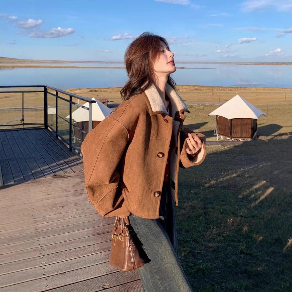 Palton de damă reversibil din piele de oaie - Mărime mică, la modă, piele de căprioară groasă.